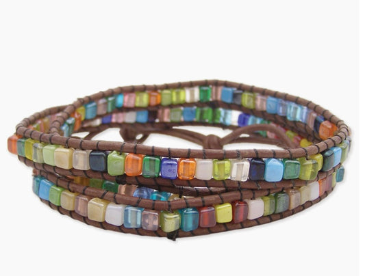 Leather and Square Mosaic Bead Wrap Bracelet